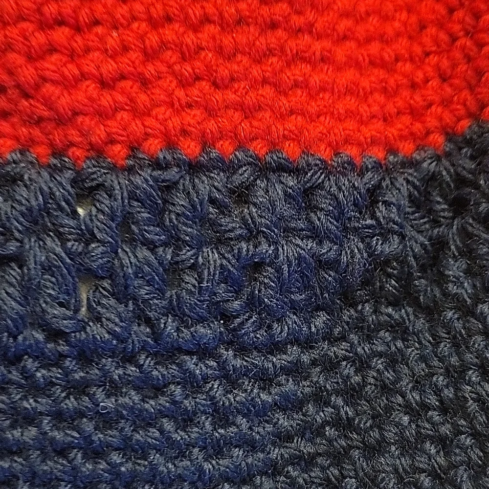 Handmade cranberry red and blue crochet hat beanie hand-made
